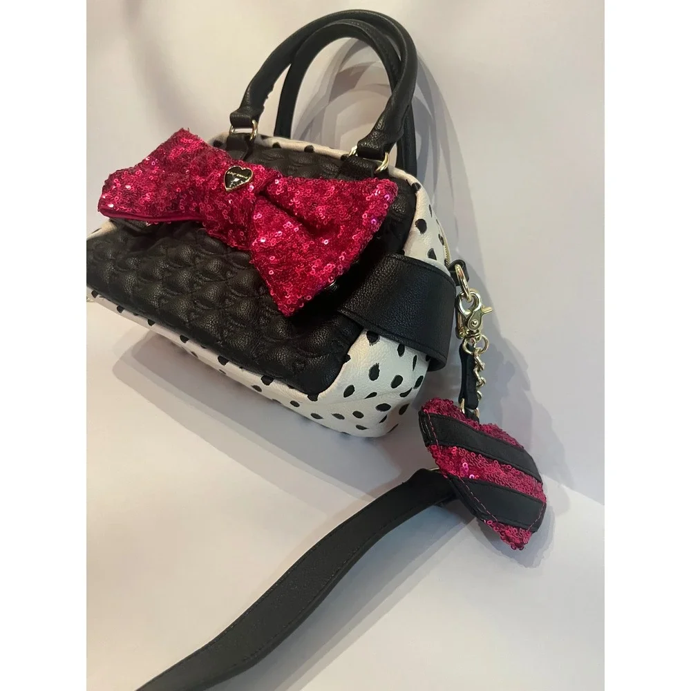 Betsy Johnson Purse Bag Handbag Black White Polka Dot Pink Sequin Bow With Strap